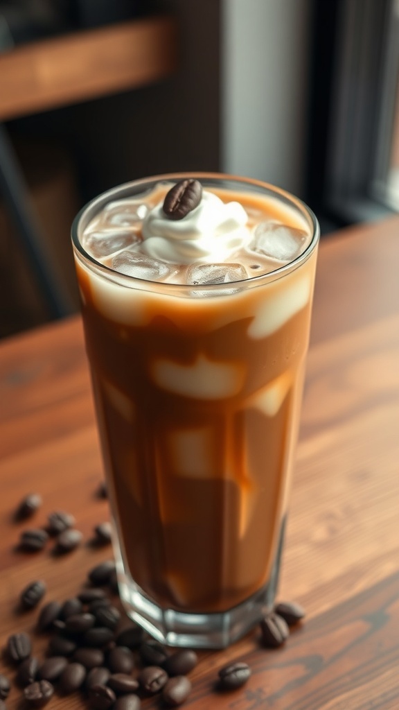 Zero Carb Iced Coffee Recipe A glass of zero carb iced coffee with ice and cream, garnished with coffee beans.